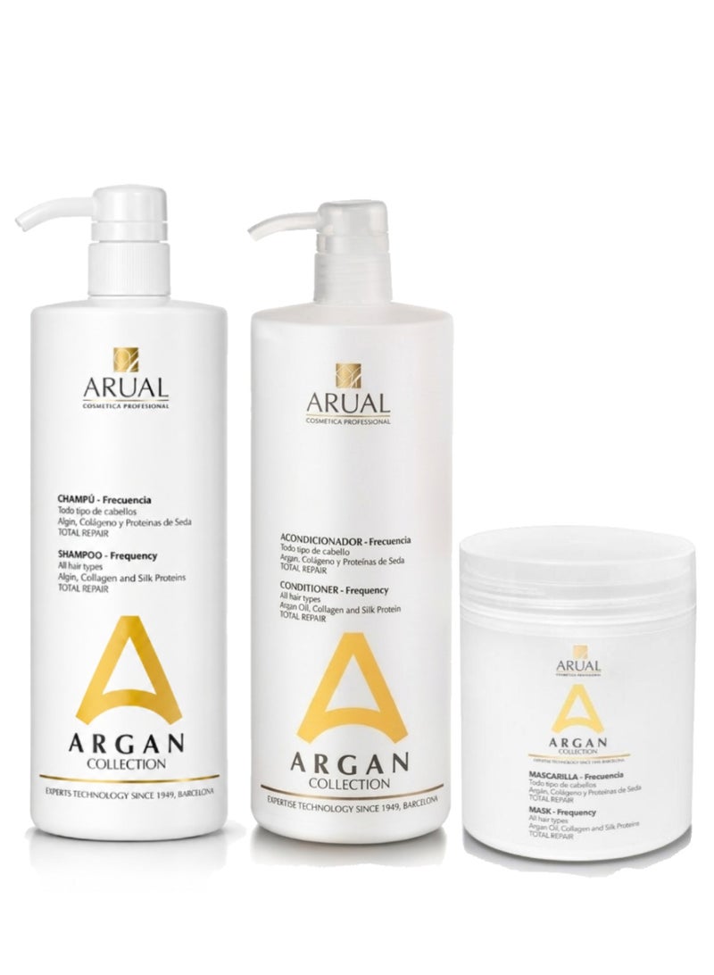 ARUAL Argan Collection Total Repair 3-Piece Hair Care Set - Shampoo 1000 ml, Conditioner 1000ml & Mask 500 ml with Collagen & Silk Proteins - Image 1
