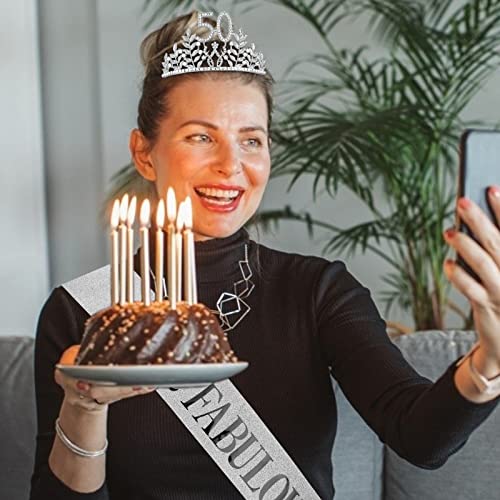 Semato "50 & Fabulous" Birthday Tiara and Sash Kit- 50th Birthday Gifts for Women 50th Birthday Party Supplies (silver) - Image 5