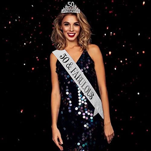 Semato "50 & Fabulous" Birthday Tiara and Sash Kit- 50th Birthday Gifts for Women 50th Birthday Party Supplies (silver) - Image 4