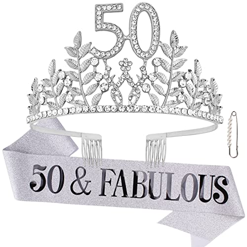 Semato "50 & Fabulous" Birthday Tiara and Sash Kit- 50th Birthday Gifts for Women 50th Birthday Party Supplies (silver) - Image 1