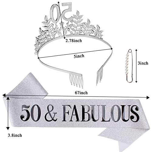 Semato "50 & Fabulous" Birthday Tiara and Sash Kit- 50th Birthday Gifts for Women 50th Birthday Party Supplies (silver) - Image 2