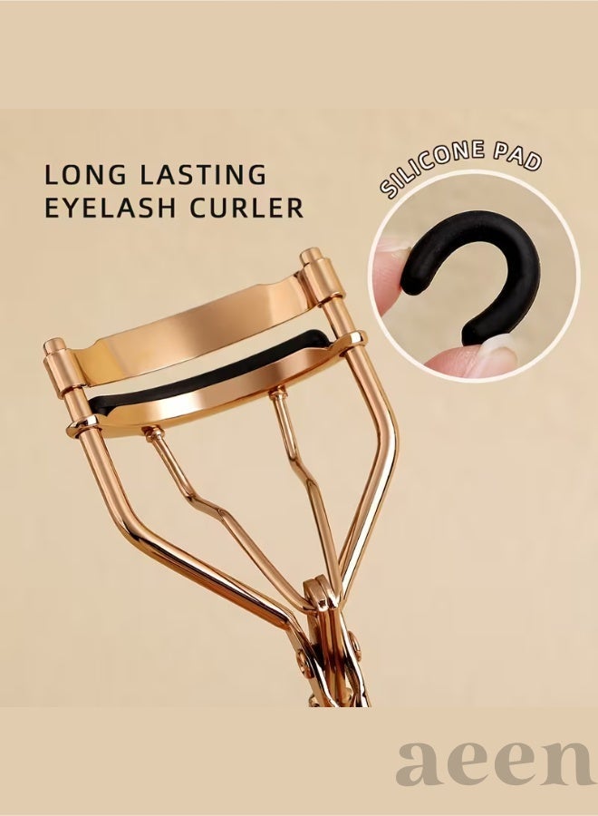 aeen Gold Stainless Steel Eyelash Curler with 5 Replaceable Silicone Pads – Professional Lash Curler with Retractable Spring - Image 2