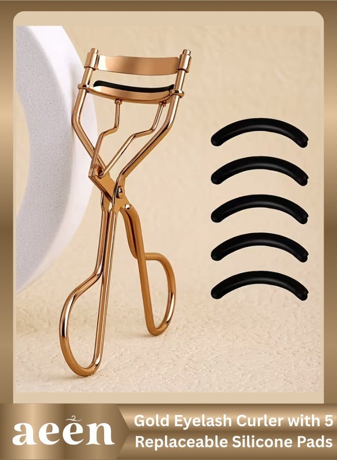 aeen Gold Stainless Steel Eyelash Curler with 5 Replaceable Silicone Pads – Professional Lash Curler with Retractable Spring - Image 1