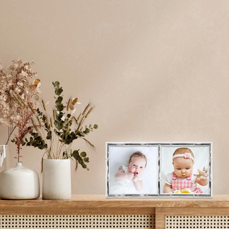 Lawrence Frames 4x4 Double Silver Metal Picture Frame with Bamboo Design - Image 3