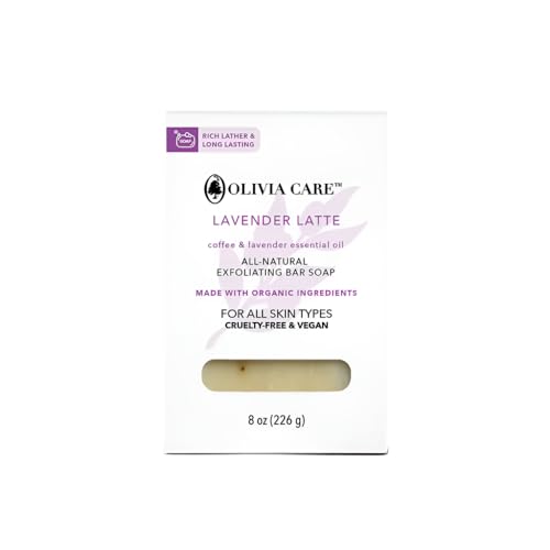 Olivia Care Exfoliating Bar Soap Coffee Beans 100 Natural Organic Ingredients Clean Energize Mind Body Full of Vitamin Antioxidants Lavender Latte