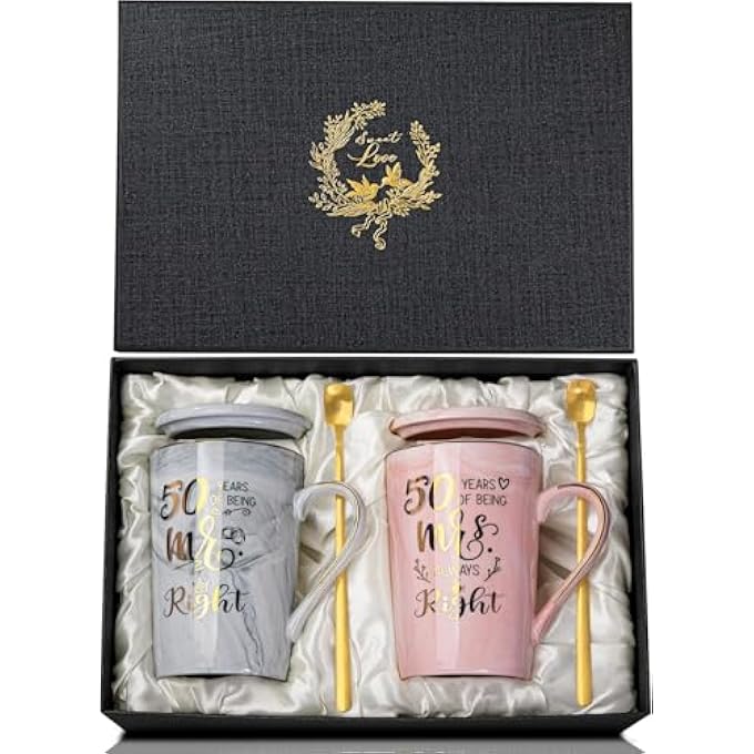 ALBISS مجموعة هدايا أكواب قهوة بمناسبة الذكرى الخمسين للزواج، سعة 14 أونصة، كوب ذهبي، هدايا للزوجين والآباء والأجداد والجدة، كوب وردي رمادي مع غطاء، بطاقة معايدة في صندوق أنيق - Image 1