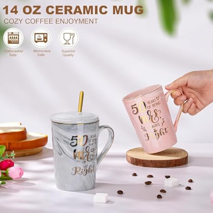 ALBISS مجموعة هدايا أكواب قهوة بمناسبة الذكرى الخمسين للزواج، سعة 14 أونصة، كوب ذهبي، هدايا للزوجين والآباء والأجداد والجدة، كوب وردي رمادي مع غطاء، بطاقة معايدة في صندوق أنيق - Image 5