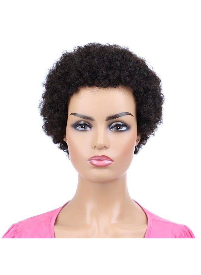 hairyhme Afro Kinky Curly Human Hair Short Wigs for Women, Full and Fluffy Machine Made Wig Human Hair Pixie Cut Natural Looking Glueless Hair Replacement Wig Black Color (Afro) - Image 2