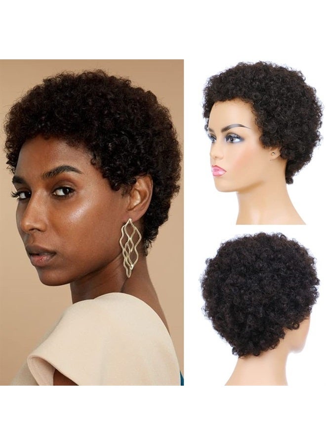 hairyhme Afro Kinky Curly Human Hair Short Wigs for Women, Full and Fluffy Machine Made Wig Human Hair Pixie Cut Natural Looking Glueless Hair Replacement Wig Black Color (Afro) - Image 1