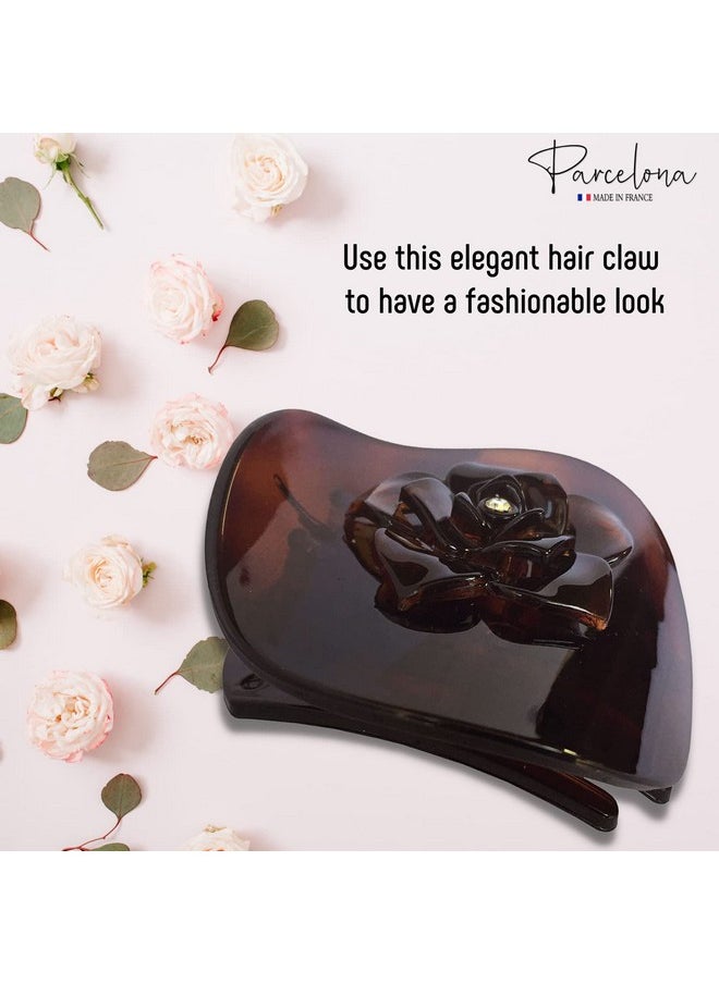 Parcelona French Onde Crystal Flower Shell Brown Round Celluloid Side Slide In Beak Style Hair Slider Claw Clip 2 3/4 Inch  - Image 3