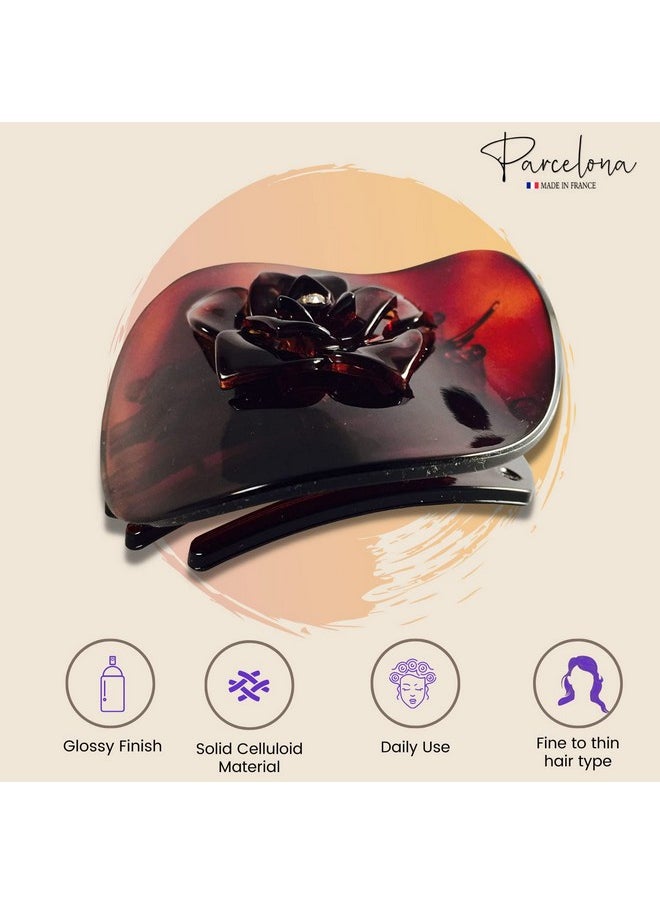 Parcelona French Onde Crystal Flower Shell Brown Round Celluloid Side Slide In Beak Style Hair Slider Claw Clip 2 3/4 Inch  - Image 4