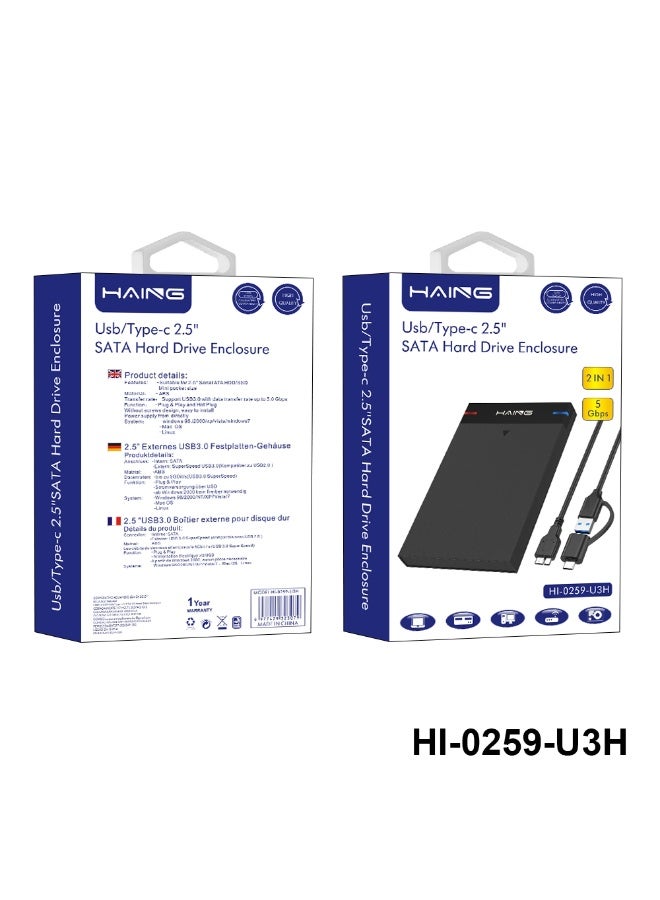 Haing This 2.5" USB 3.0 SATA to USB hard drive enclosure features an easy-to-install, screwless design, allowing for direct power supply connection.