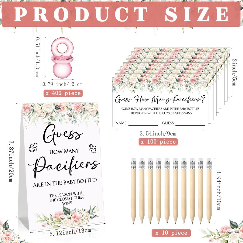 Roowest 512 Pcs Baby Shower Games Guess How Many Pacifiers Sign 100 Small Guessing Games 10 HB Pencils 750ml Milk Bottle 400 Acrylic Pacifiers Decoration for Guest Gender Reveal(Pink,Flower) - Image 2