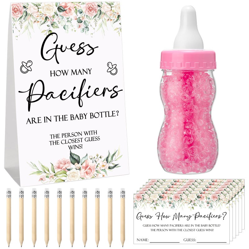 Roowest 512 Pcs Baby Shower Games Guess How Many Pacifiers Sign 100 Small Guessing Games 10 HB Pencils 750ml Milk Bottle 400 Acrylic Pacifiers Decoration for Guest Gender Reveal(Pink,Flower) - Image 1