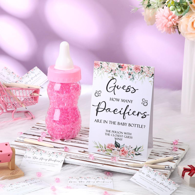 Roowest 512 Pcs Baby Shower Games Guess How Many Pacifiers Sign 100 Small Guessing Games 10 HB Pencils 750ml Milk Bottle 400 Acrylic Pacifiers Decoration for Guest Gender Reveal(Pink,Flower) - Image 4