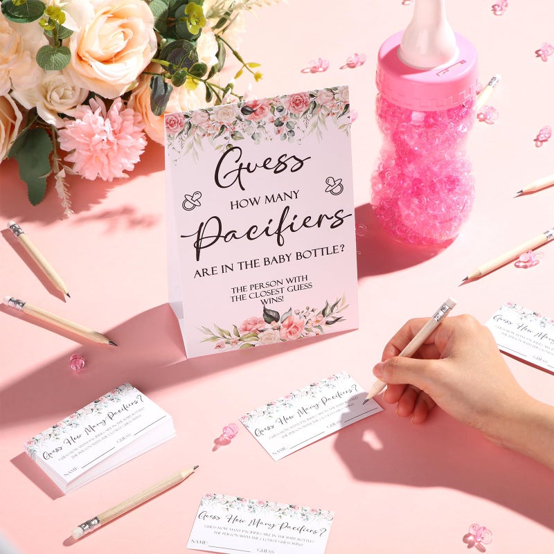 Roowest 512 Pcs Baby Shower Games Guess How Many Pacifiers Sign 100 Small Guessing Games 10 HB Pencils 750ml Milk Bottle 400 Acrylic Pacifiers Decoration for Guest Gender Reveal(Pink,Flower) - Image 5