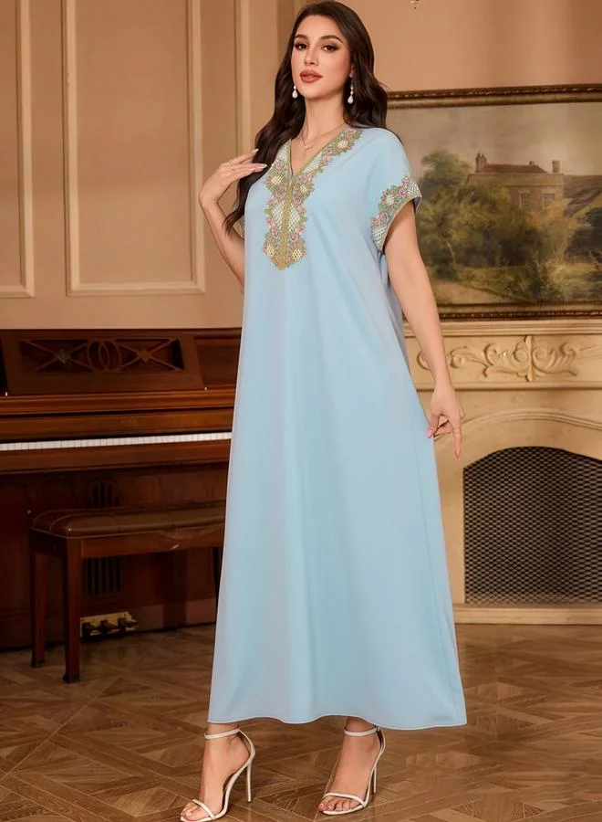 Take Two Light Blue Printed V Neck Jalabiya