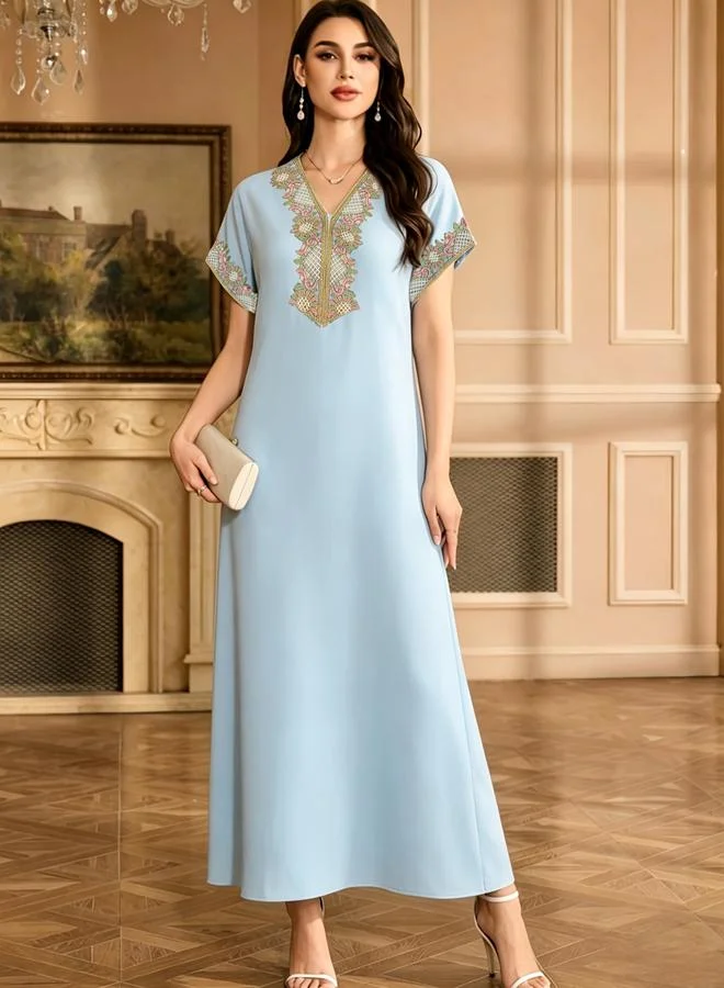 Take Two Light Blue Printed V Neck Jalabiya