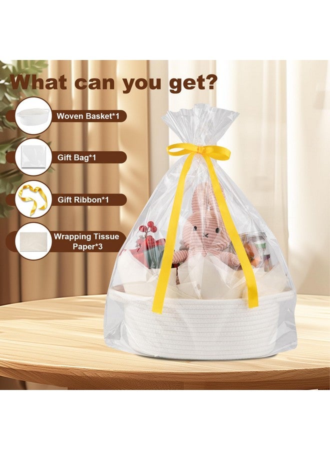 OIAHOMY Gift Basket with Handle, Small Woven Basket with Gift Bag, Ribbon and Wrap Tissue Paper, Nursery Bins Empty to Fill with Small Items, Baby, Pet Toy Organizer - White - Image 2
