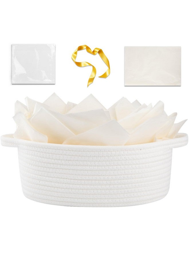OIAHOMY Gift Basket with Handle, Small Woven Basket with Gift Bag, Ribbon and Wrap Tissue Paper, Nursery Bins Empty to Fill with Small Items, Baby, Pet Toy Organizer - White - Image 1