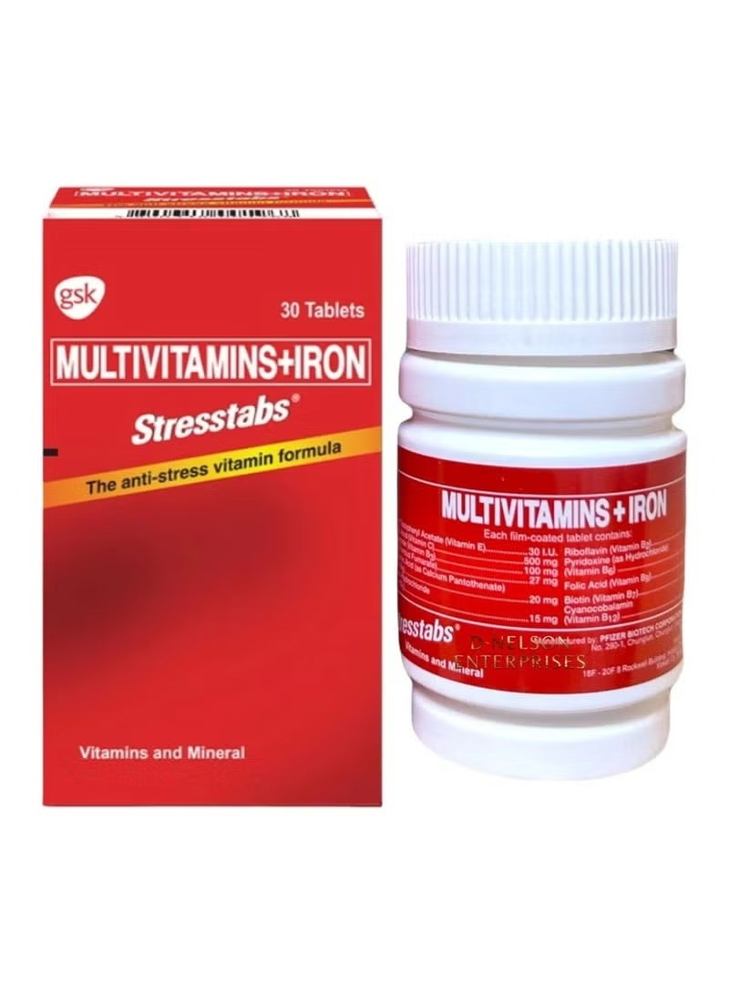 جي أس كيه أقراص ستريستابس المتعددة الفيتامينات + الحديد، تركيبة فيتامين مضادة للتوتر غنية بالفيتامينات والمعادن الأساسية، 30 قرص. - Image 1