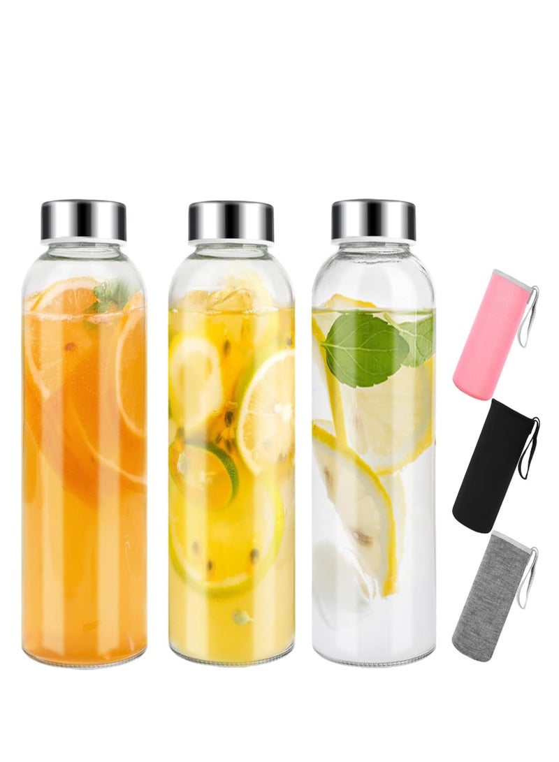 بريميفي زجاجات زجاجية شفافة بأغطية سعة 18 أونصة - 3 عبوات زجاجات مياه زجاجية فارغة قابلة لإعادة الاستخدام بأكمام، وأغطية من الفولاذ المقاوم للصدأ، للمشروبات الساخنة والباردة والعصائر والشاي - المشروبات والحليب والعصائر - Image 1