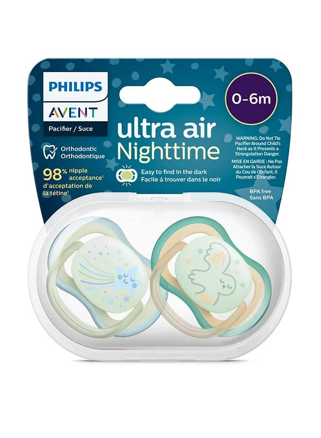 Philips Avent Soother Ultra Air Nighttime 0-6M For Boys, 2 Pieces | No.1 Brand Recommended by Moms Worldwide | Glows in the dark |Light |Breathable |BPA free |Orthodontic with Sterilization Case