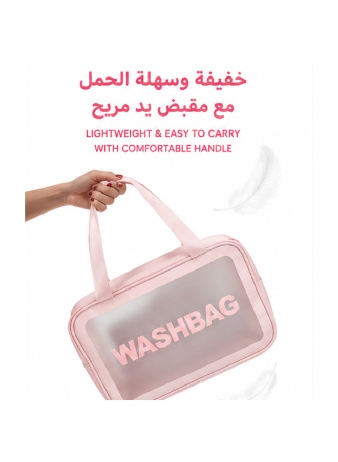 حقيبة منظم مستحضرات التجميل والعناية الشخصية المقاومة للماء والمزودة بمقبض مريح للسفر والرحلات طقم حقائب سفر شفافة غير لامعة بـ 3 أحجام مختلفة ومتعددة الاستخدامات للنساء - Image 3