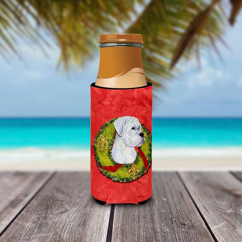Caroline's Treasures Caroline's Treasures SS4196MUK White Boxer Cristmas Wreath Ultra Hugger for slim cans Can Cooler Sleeve Hugger Machine Washable Drink Sleeve Hugger Collapsible Insulator Beverage Insulated Holder  - Image 2