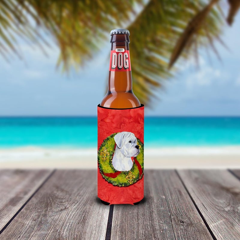 Caroline's Treasures Caroline's Treasures SS4196MUK White Boxer Cristmas Wreath Ultra Hugger for slim cans Can Cooler Sleeve Hugger Machine Washable Drink Sleeve Hugger Collapsible Insulator Beverage Insulated Holder  - Image 1