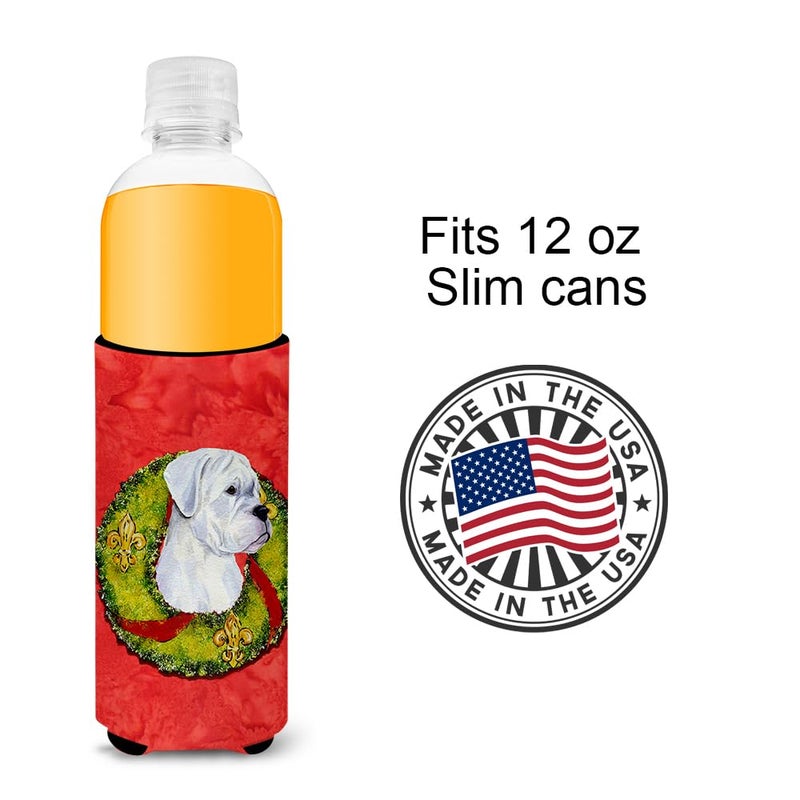 Caroline's Treasures Caroline's Treasures SS4196MUK White Boxer Cristmas Wreath Ultra Hugger for slim cans Can Cooler Sleeve Hugger Machine Washable Drink Sleeve Hugger Collapsible Insulator Beverage Insulated Holder  - Image 3