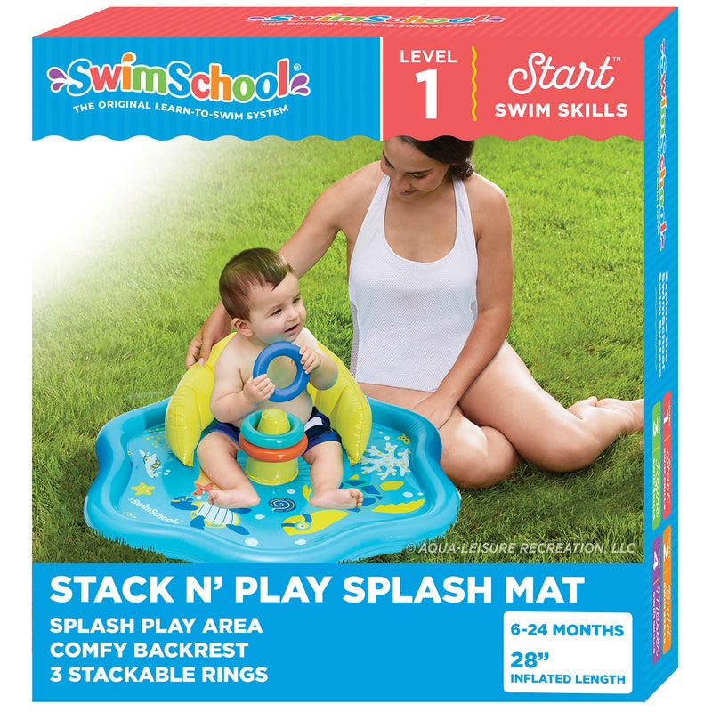 SwimSchool Baby Splash Play Mat â€“ Inflatable Play Pool for Babies & Infants with Backrest â€“ Includes Baby Water Toy Ringsâ€“ Seafoam Blue Lemon - Image 1