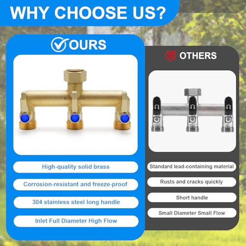BACASIN Brass Garden Hose Splitter 3 Way Hose Splitter 3 Way Heavy Duty Outdoor Water Hose Splitter With 3 Long Metal Handle Outlet for Regulating and Shutting Off Water Flow - Image 3