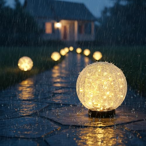 HOTEAGLE Solar Globe Lights Outdoor Waterproof-Large 2-Pack Solar Balls Lights for Outside Garden-Cracked Glass Ball Solar Lights for Garden Patio & Lawn Backyard Decor (Yellow, 5.9 inch) - Image 1