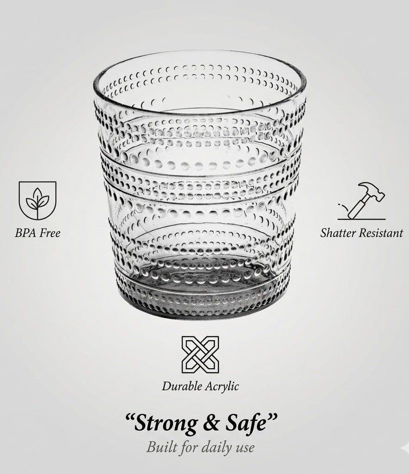 TarHong Beaded 15.6oz Double Old Fashioned Acrylic Drinking Glass – Clear BPA-Free Shatter Resistant Tumbler, Textured Non-Slip Design for Water, Juice, Whiskey & Cold Drinks, Indoor Outdoor Reusable Drinkware - Image 5