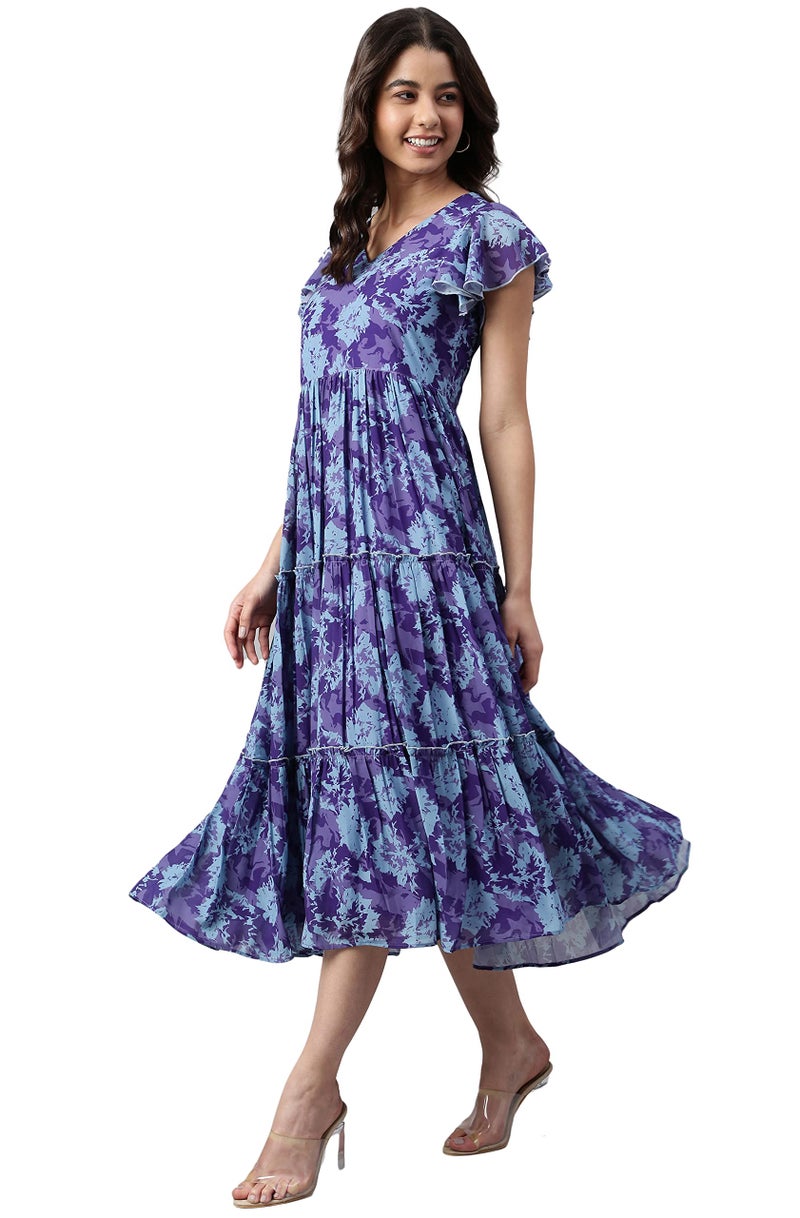 Janasya Women's Blue Georgette Printed Flared Western Dress(J0431-DR-L) - Image 2