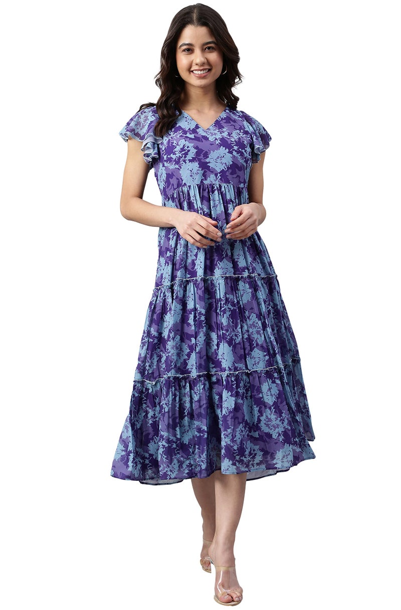 Janasya Women's Blue Georgette Printed Flared Western Dress(J0431-DR-L) - Image 1