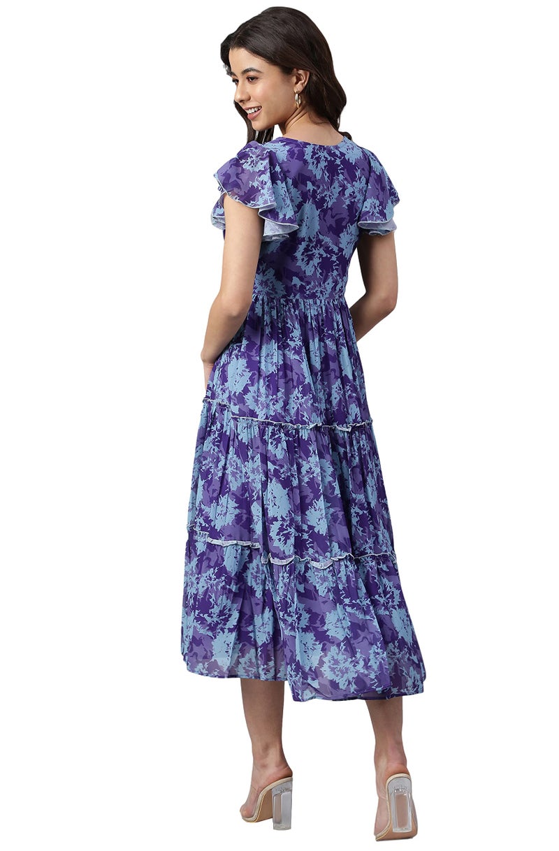 Janasya Women's Blue Georgette Printed Flared Western Dress(J0431-DR-L) - Image 4