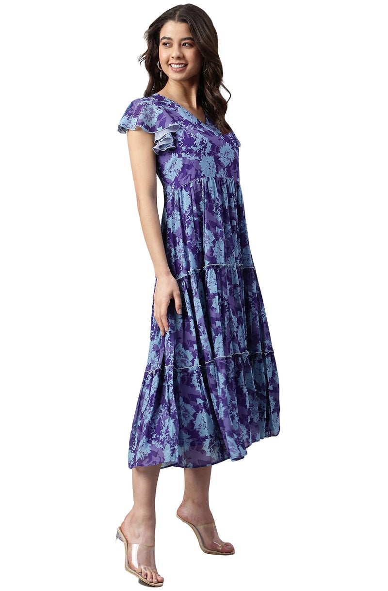 Janasya Women's Blue Georgette Printed Flared Western Dress(J0431-DR-L) - Image 3