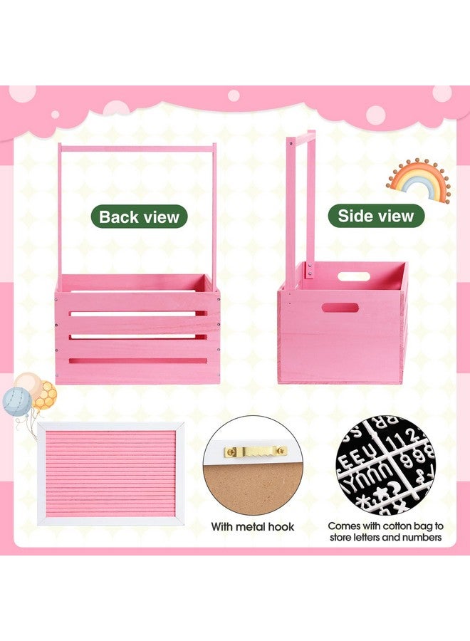 Barydat صندوق استحمام الأطفال الخشبي باري دات، سلة مع مقبض ومجموعة لوحة حروف مصنوعة من الفelt وزينة استحمام الأطفال، سلة هدايا خشبية مخصصة لإعلان الحمل للوالدين الجدد (وردي) - Image 3