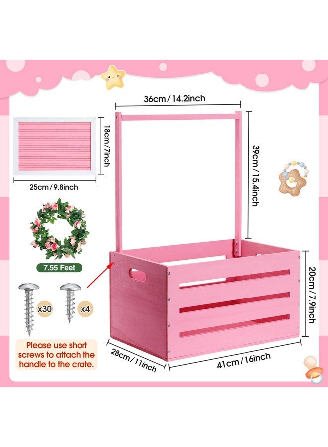 Barydat صندوق استحمام الأطفال الخشبي باري دات، سلة مع مقبض ومجموعة لوحة حروف مصنوعة من الفelt وزينة استحمام الأطفال، سلة هدايا خشبية مخصصة لإعلان الحمل للوالدين الجدد (وردي) - Image 2