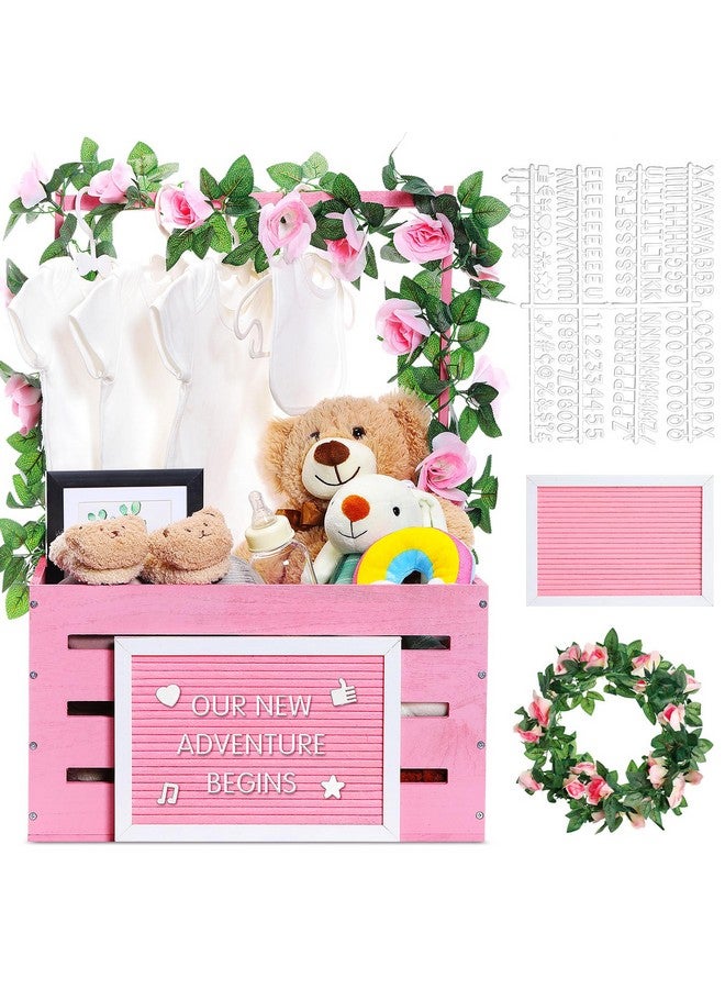 Barydat صندوق استحمام الأطفال الخشبي باري دات، سلة مع مقبض ومجموعة لوحة حروف مصنوعة من الفelt وزينة استحمام الأطفال، سلة هدايا خشبية مخصصة لإعلان الحمل للوالدين الجدد (وردي) - Image 1