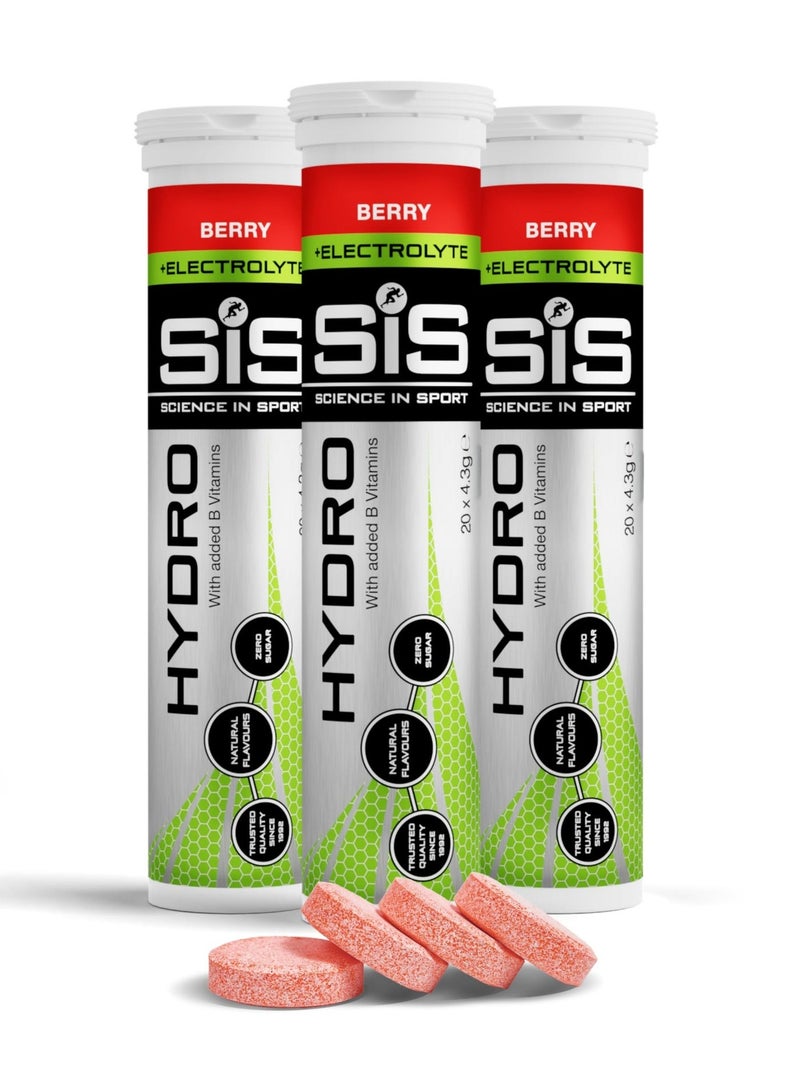 SIS Hydro Electrolyte Tablets | Sugar Free Hydration Tablets | Essential Electrolytes to Reduce Fatigue & Aid Rehydration | Gluten Free | Berry Flavour | 60 Servings | 3 X 20 X 4.5 g - Image 1