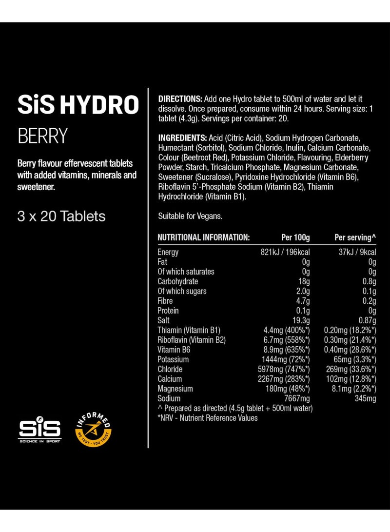 SIS Hydro Electrolyte Tablets | Sugar Free Hydration Tablets | Essential Electrolytes to Reduce Fatigue & Aid Rehydration | Gluten Free | Berry Flavour | 60 Servings | 3 X 20 X 4.5 g - Image 5