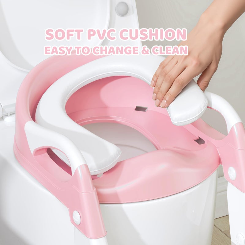 Wanchouse 3-in-1 Potty Training Seat & Training Toilet & Potty Chair, Height AdjustableToddler Toilet Seat for Kids Boys Girls, Foldable Potty Training Toilet with Splash Guard and Anti-Slip Steps (Pink) - Image 4