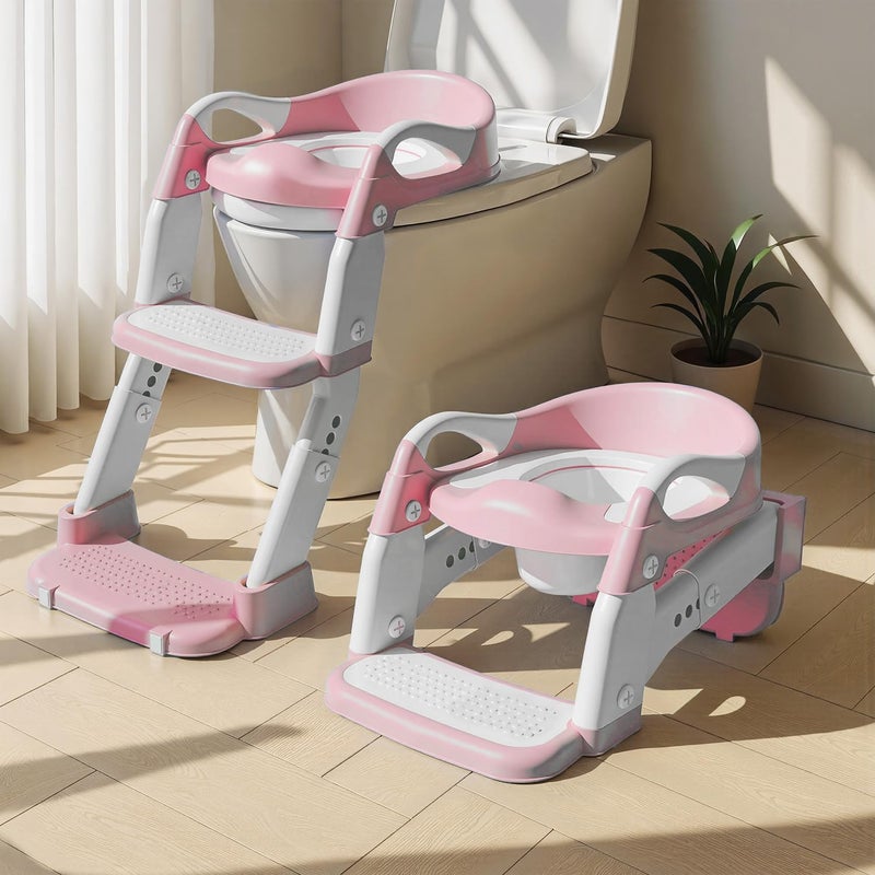 Wanchouse 3-in-1 Potty Training Seat & Training Toilet & Potty Chair, Height AdjustableToddler Toilet Seat for Kids Boys Girls, Foldable Potty Training Toilet with Splash Guard and Anti-Slip Steps (Pink) - Image 1