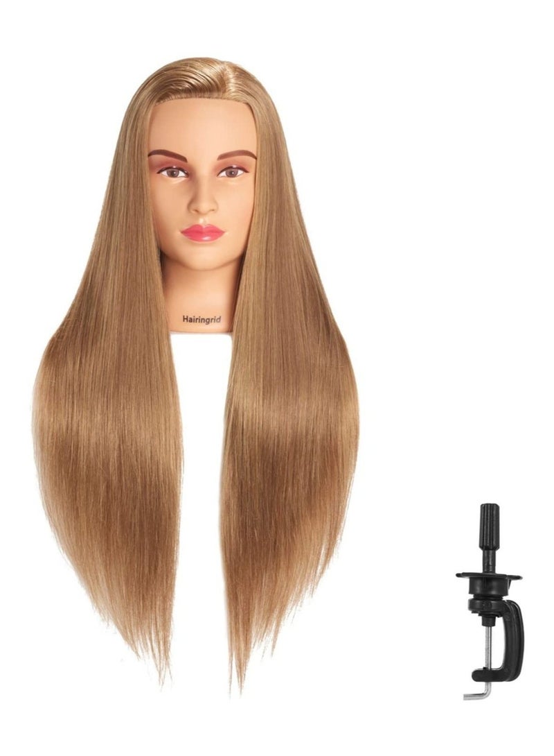 إستيل رأس مانيكان لتصفيف الشعر وتدريب رأس مانيكين للتجميل دمية رأس من الألياف الاصطناعية للشعر وحامل مشبك مجاني رملي ذهبي - Image 1