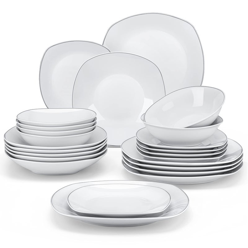 MALACASA Dinnerware Sets 24 Piece Porcelain Square Dishes White with Silver Rim Plates and Bowls Sets Ceramic Dish Set for 6 Chip Resistant Dishware Sets Series ELISA