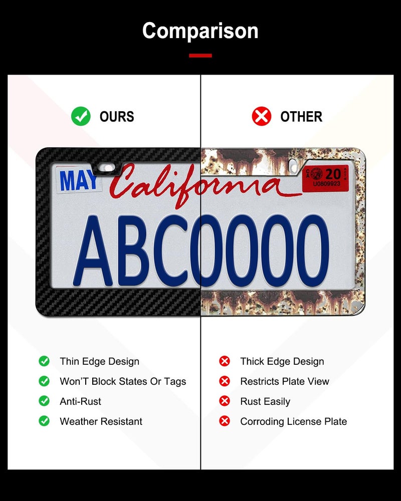 Aootf Plastic Carbon Fiber License Plate Frames, Black Car Tag Number Plate Holder for Men Women, 2 Pack 2 Holes Front Rear Frames with Screws Caps - Image 2