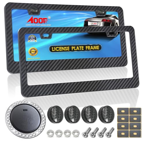 Aootf Plastic Carbon Fiber License Plate Frames, Black Car Tag Number Plate Holder for Men Women, 2 Pack 2 Holes Front Rear Frames with Screws Caps - Image 1